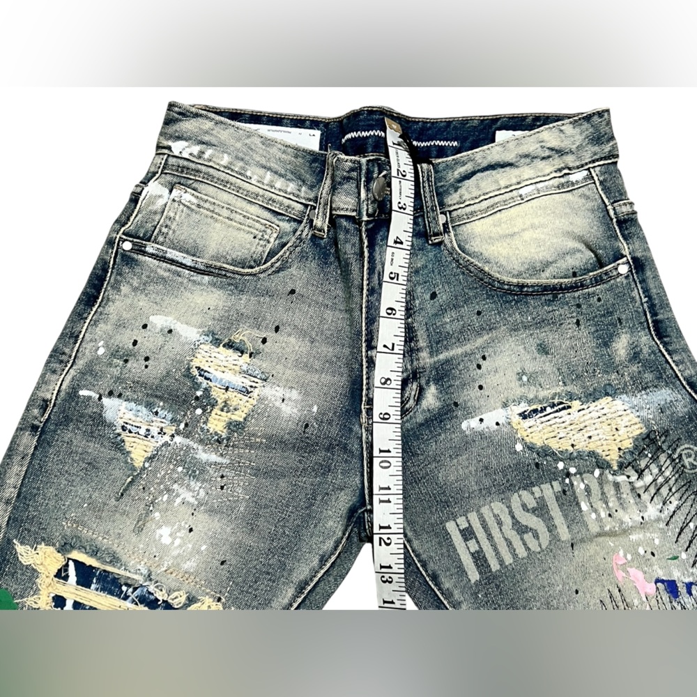First Row Distressed Ripped Denim Jean Shorts Men’s Paint Splatter Jorts size 30 - Picture 4 of 12